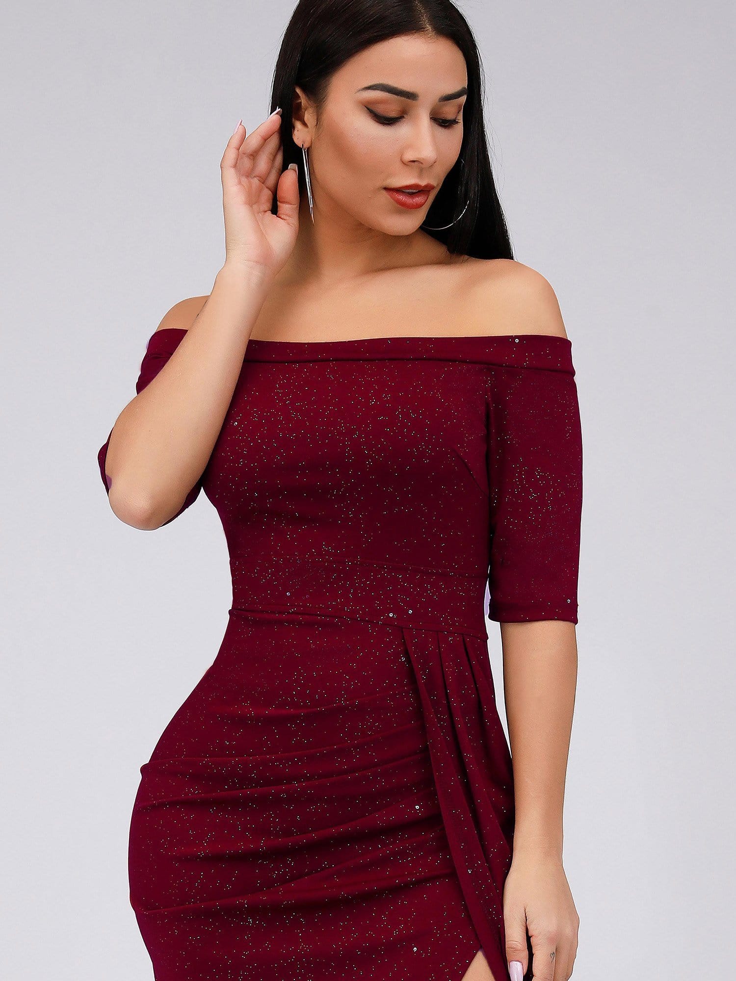 Color=Burgundy | Women'S Off Shoulder High Split Bodycon Knee-Length Cocktail Dress-Burgundy 3 Color=Burgundy | Women'S Off Shoulder High Split Bodycon Knee-Length Cocktail Dress-Burgundy 3