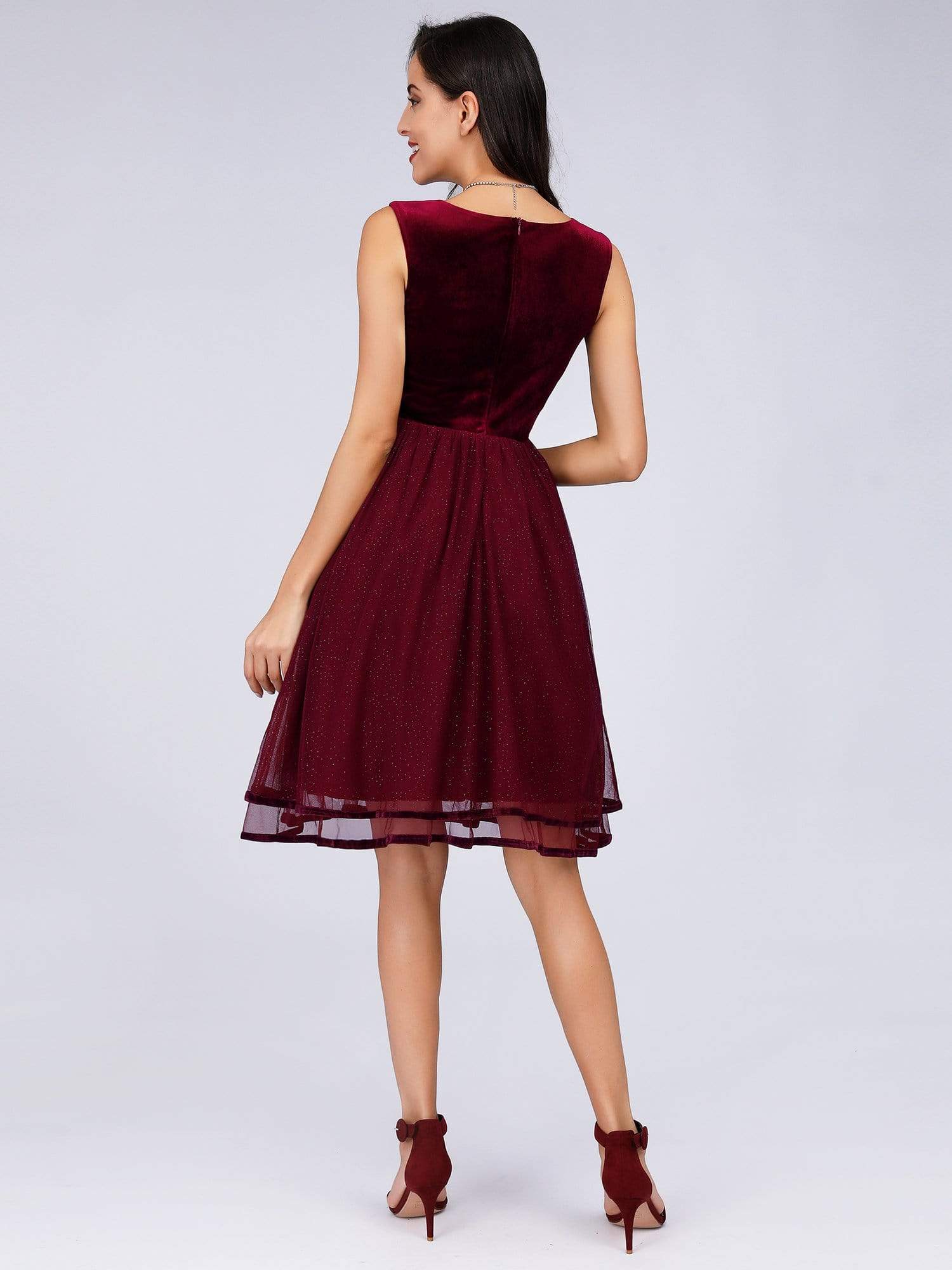 Color=Burgundy | V Neck Velvet Stitching Mesh Cocktail Dress-Burgundy 2 Color=Burgundy | V Neck Velvet Stitching Mesh Cocktail Dress-Burgundy 2