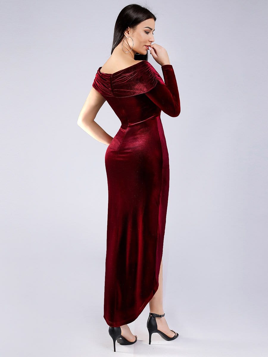 Color=Burgundy | Sexy Off Shoulder Party Dress With Asymmetrical Sleeve-Burgundy 8 Color=Burgundy | Sexy Off Shoulder Party Dress With Asymmetrical Sleeve-Burgundy 8
