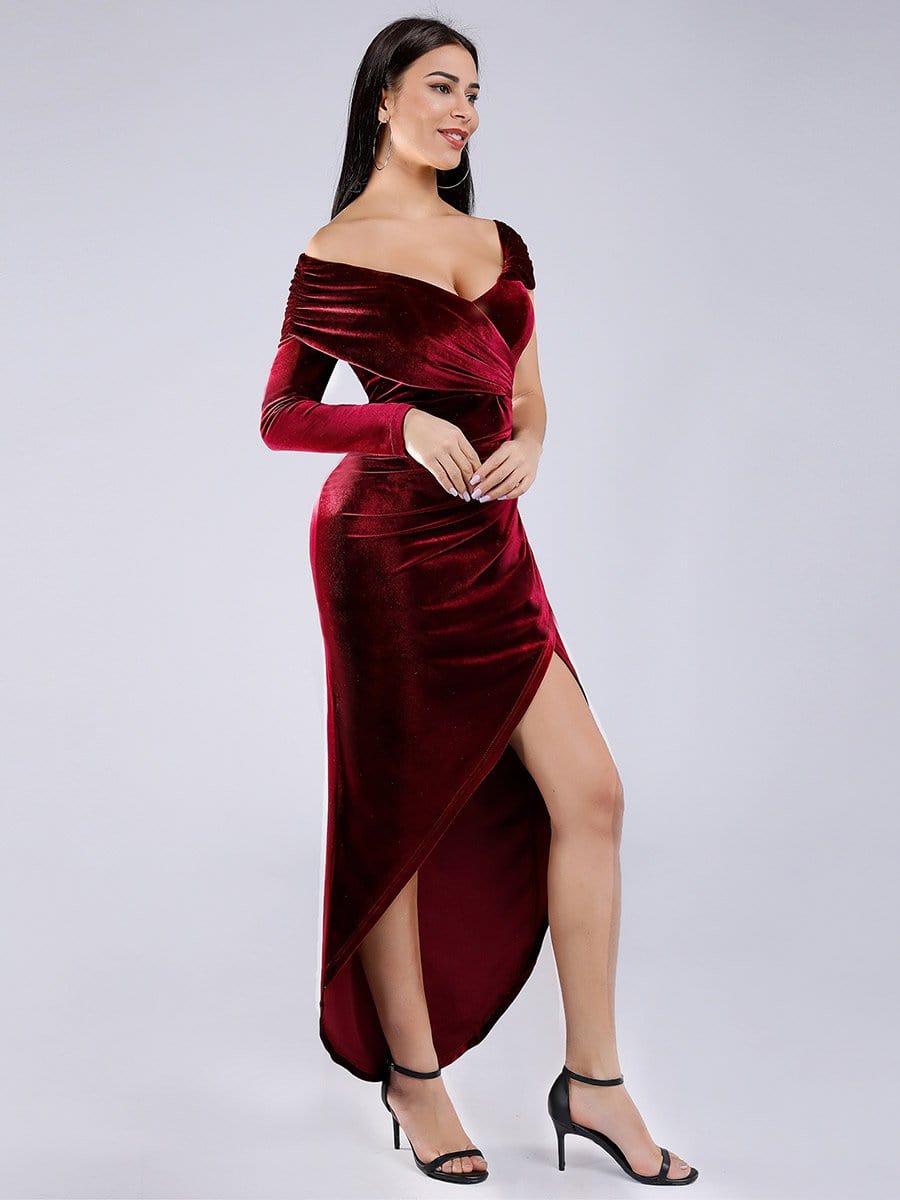 Color=Burgundy | Sexy Off Shoulder Party Dress With Asymmetrical Sleeve-Burgundy 9 Color=Burgundy | Sexy Off Shoulder Party Dress With Asymmetrical Sleeve-Burgundy 9