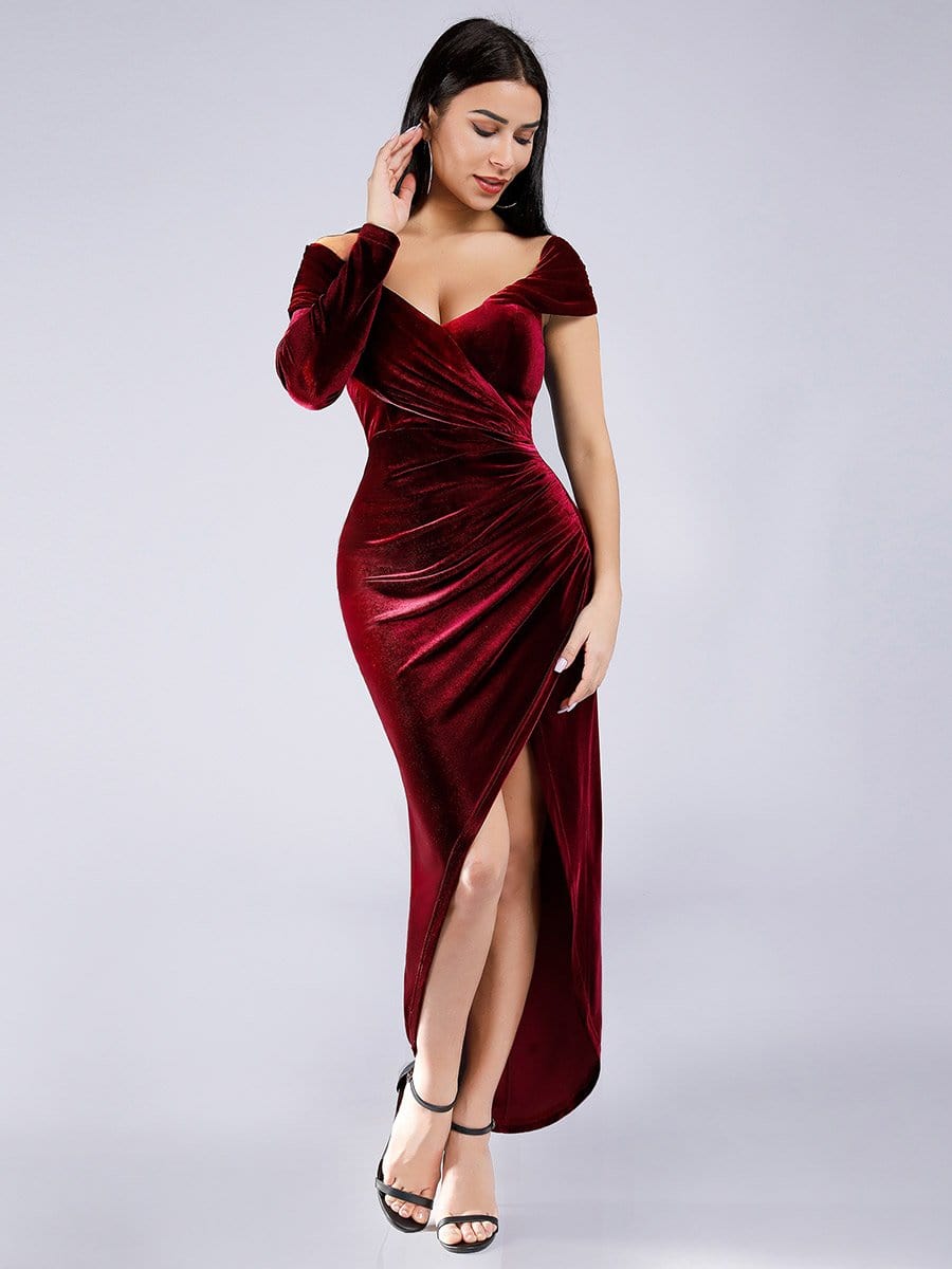 Color=Burgundy | Sexy Off Shoulder Party Dress With Asymmetrical Sleeve-Burgundy 10 Color=Burgundy | Sexy Off Shoulder Party Dress With Asymmetrical Sleeve-Burgundy 10