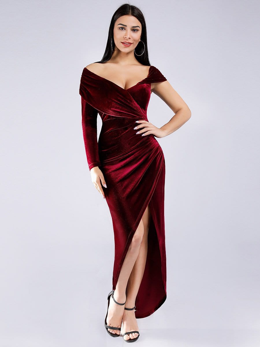 Color=Burgundy | Sexy Off Shoulder Party Dress With Asymmetrical Sleeve-Burgundy 7 Color=Burgundy | Sexy Off Shoulder Party Dress With Asymmetrical Sleeve-Burgundy 7