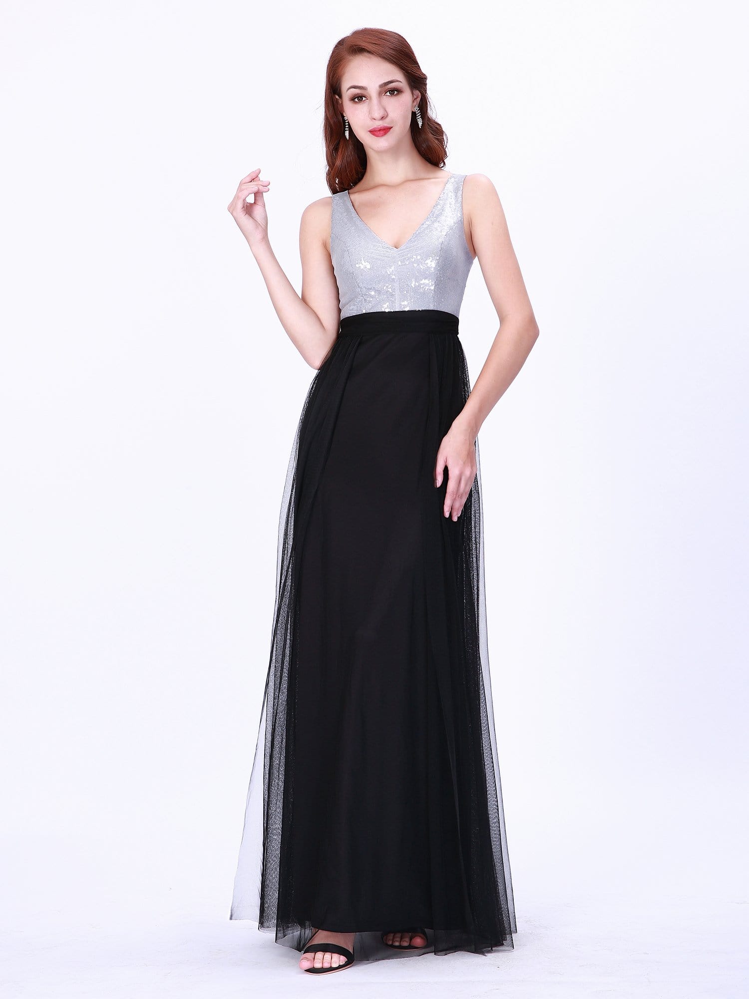 Color=Black | Women'S Fashion V Neck Floor Length Sequin Evening Dress-Black 1 Color=Black | Women'S Fashion V Neck Floor Length Sequin Evening Dress-Black 1
