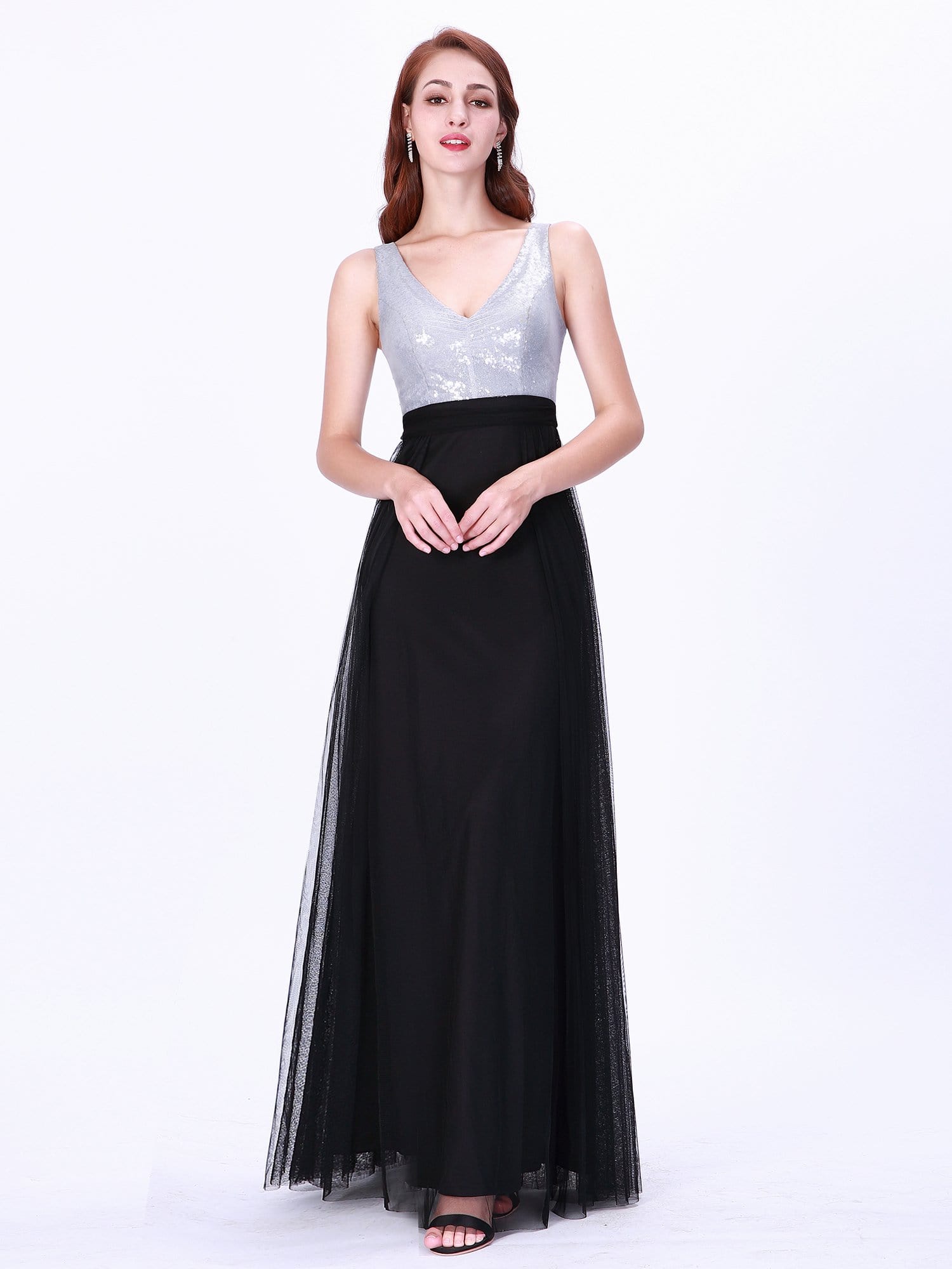Color=Black | Women'S Fashion V Neck Floor Length Sequin Evening Dress-Black 4 Color=Black | Women'S Fashion V Neck Floor Length Sequin Evening Dress-Black 4