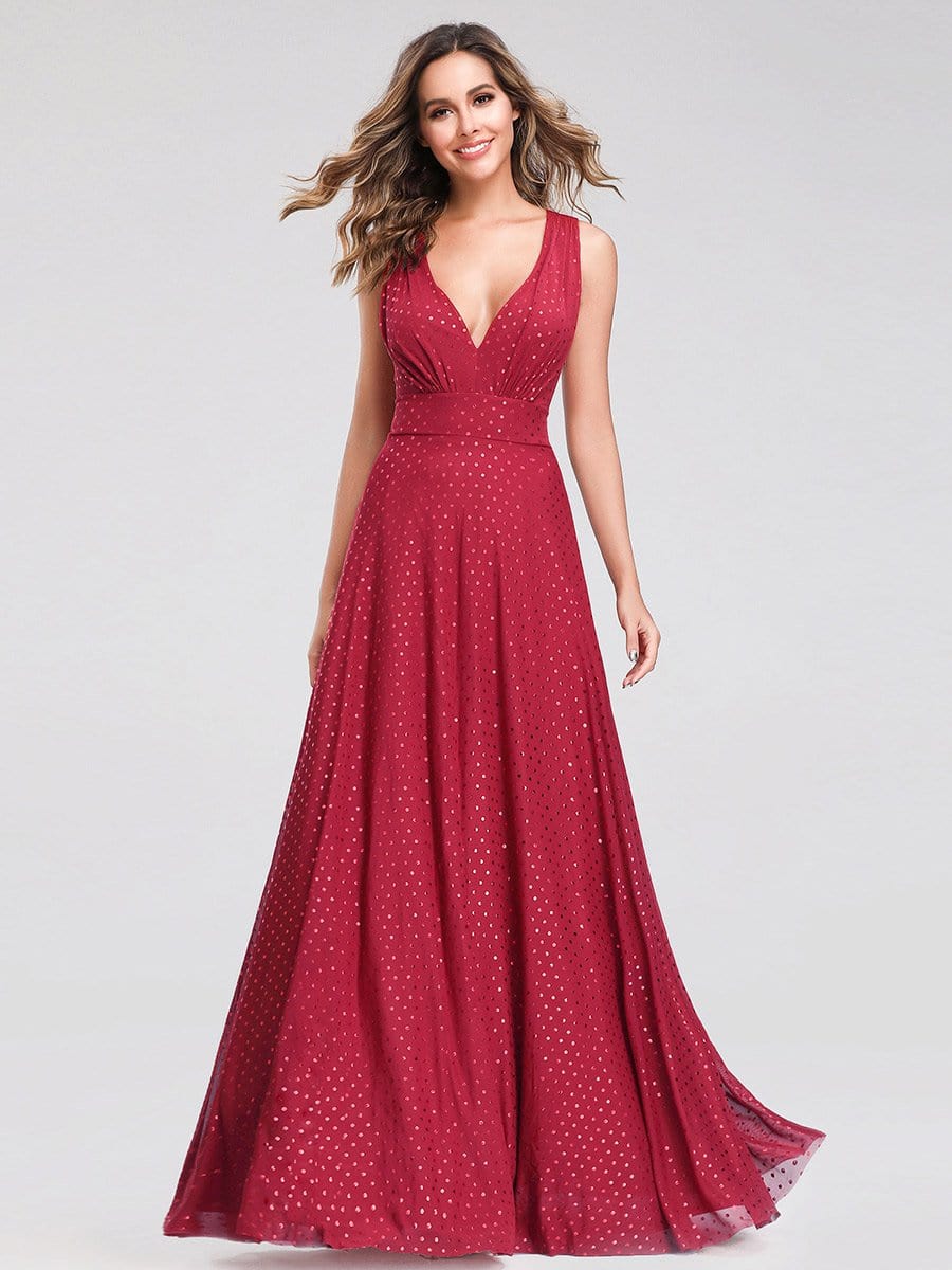 Color=Red | Shimmery Formal Maxi Dress With Deep V Neck-Red 2 Color=Red | Shimmery Formal Maxi Dress With Deep V Neck-Red 2