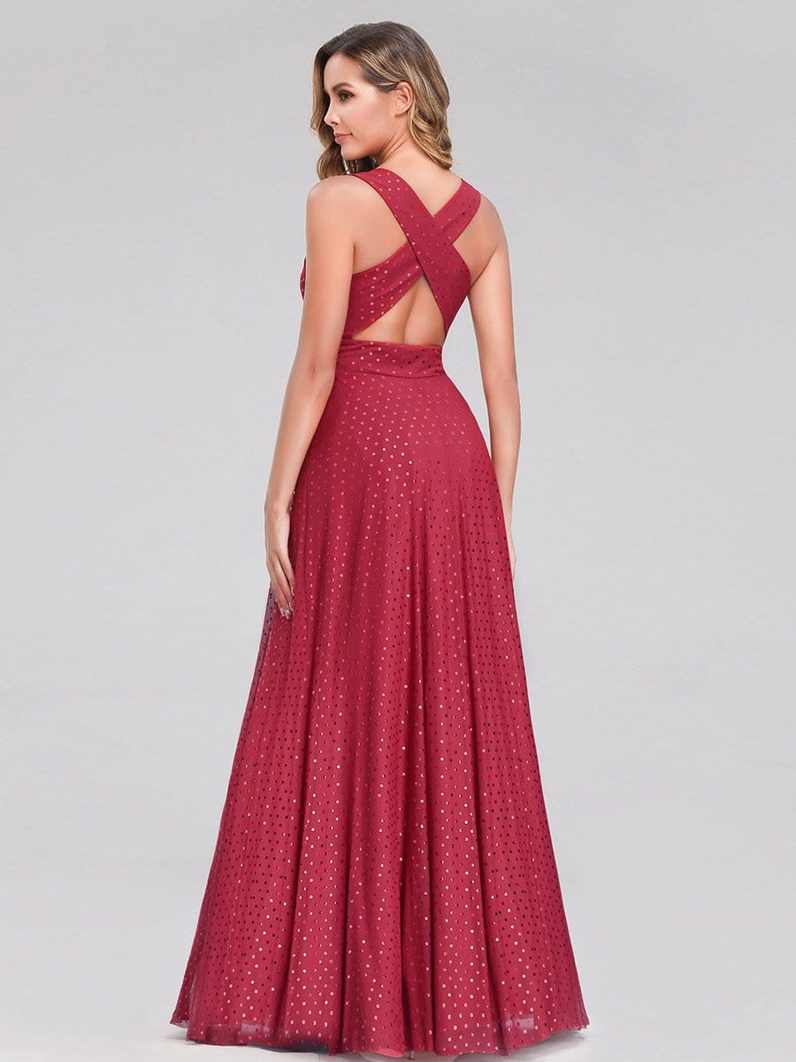 Color=Red | Shimmery Formal Maxi Dress With Deep V Neck-Red 3 Color=Red | Shimmery Formal Maxi Dress With Deep V Neck-Red 3