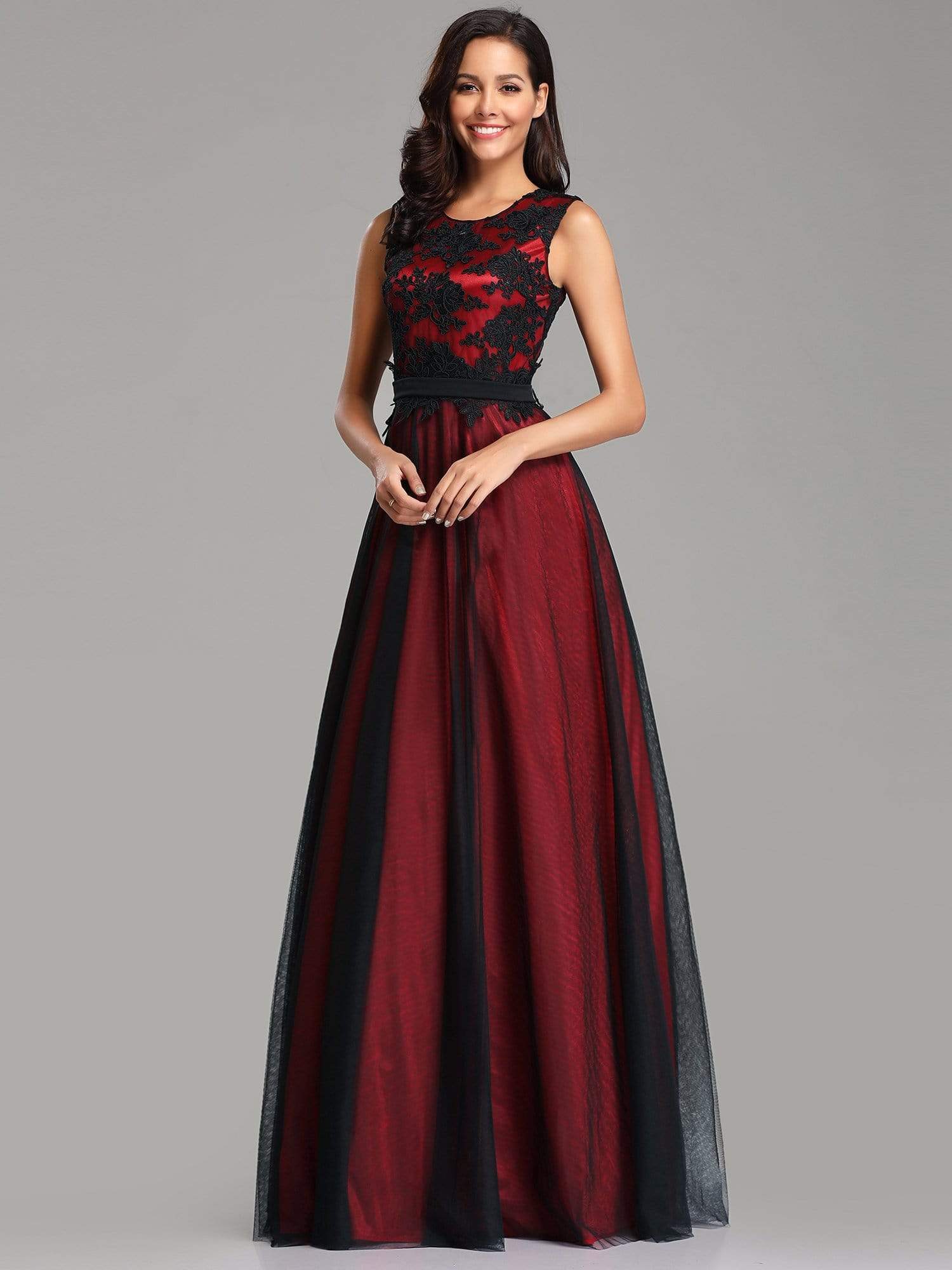 Color=Burgundy | Sleeveless Evening Dress With Black Brocade-Burgundy 3 Color=Burgundy | Sleeveless Evening Dress With Black Brocade-Burgundy 3