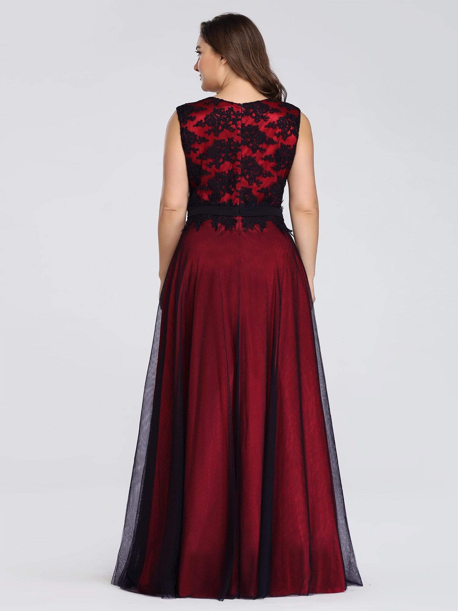 Color=Burgundy | Sleeveless Evening Dress With Black Brocade-Burgundy 7 Color=Burgundy | Sleeveless Evening Dress With Black Brocade-Burgundy 7