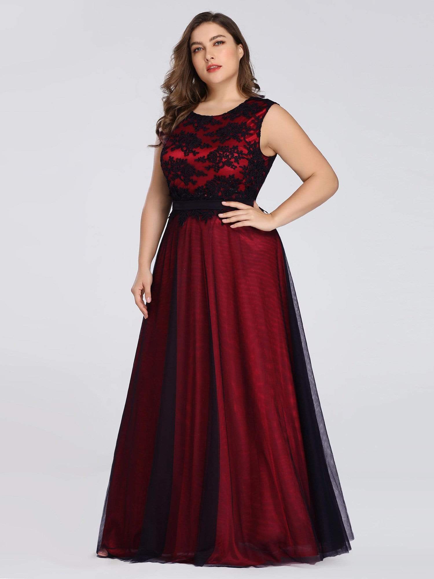 Color=Burgundy | Sleeveless Evening Dress With Black Brocade-Burgundy 9 Color=Burgundy | Sleeveless Evening Dress With Black Brocade-Burgundy 9