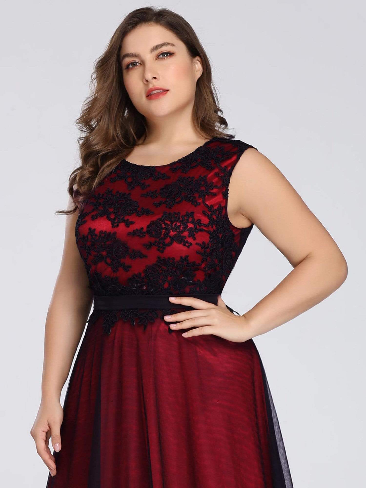 Color=Burgundy | Sleeveless Evening Dress With Black Brocade-Burgundy 10 Color=Burgundy | Sleeveless Evening Dress With Black Brocade-Burgundy 10