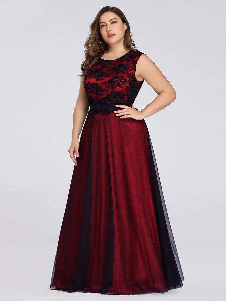 Color=Burgundy | Plus Size Sleeveless Evening Dress With Black Brocade-Burgundy 4 Color=Burgundy | Plus Size Sleeveless Evening Dress With Black Brocade-Burgundy 4