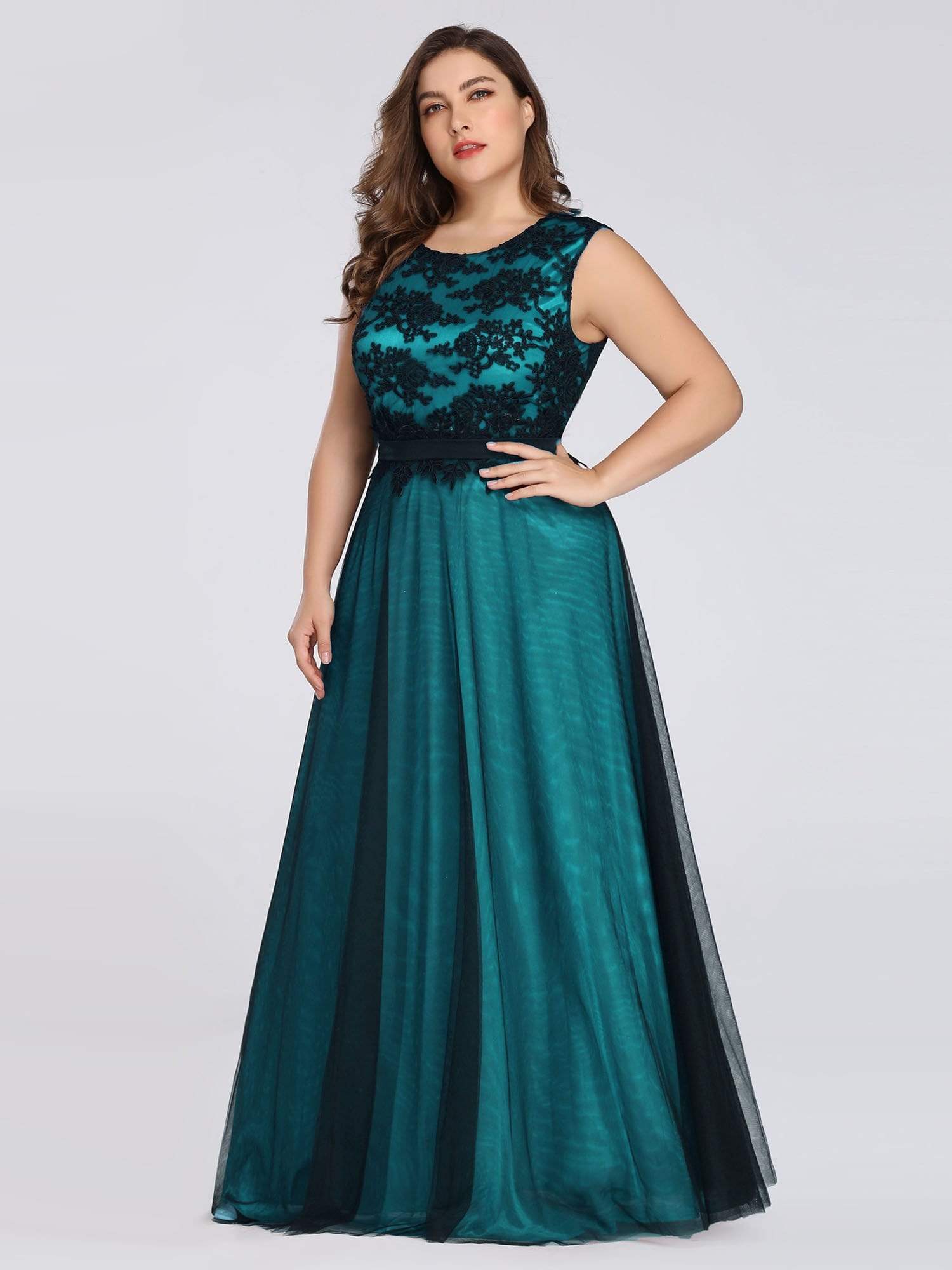 Color=Dark Green | Sleeveless Evening Dress With Black Brocade-Dark Green 6 Color=Dark Green | Sleeveless Evening Dress With Black Brocade-Dark Green 6