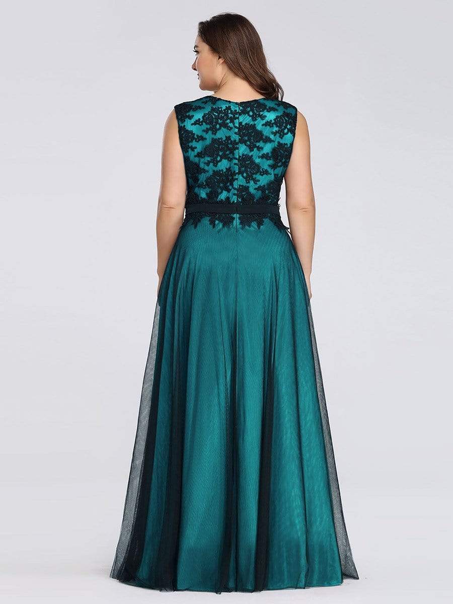 Color=Dark Green | Plus Size Sleeveless Evening Dress With Black Brocade-Dark Green 2 Color=Dark Green | Plus Size Sleeveless Evening Dress With Black Brocade-Dark Green 2
