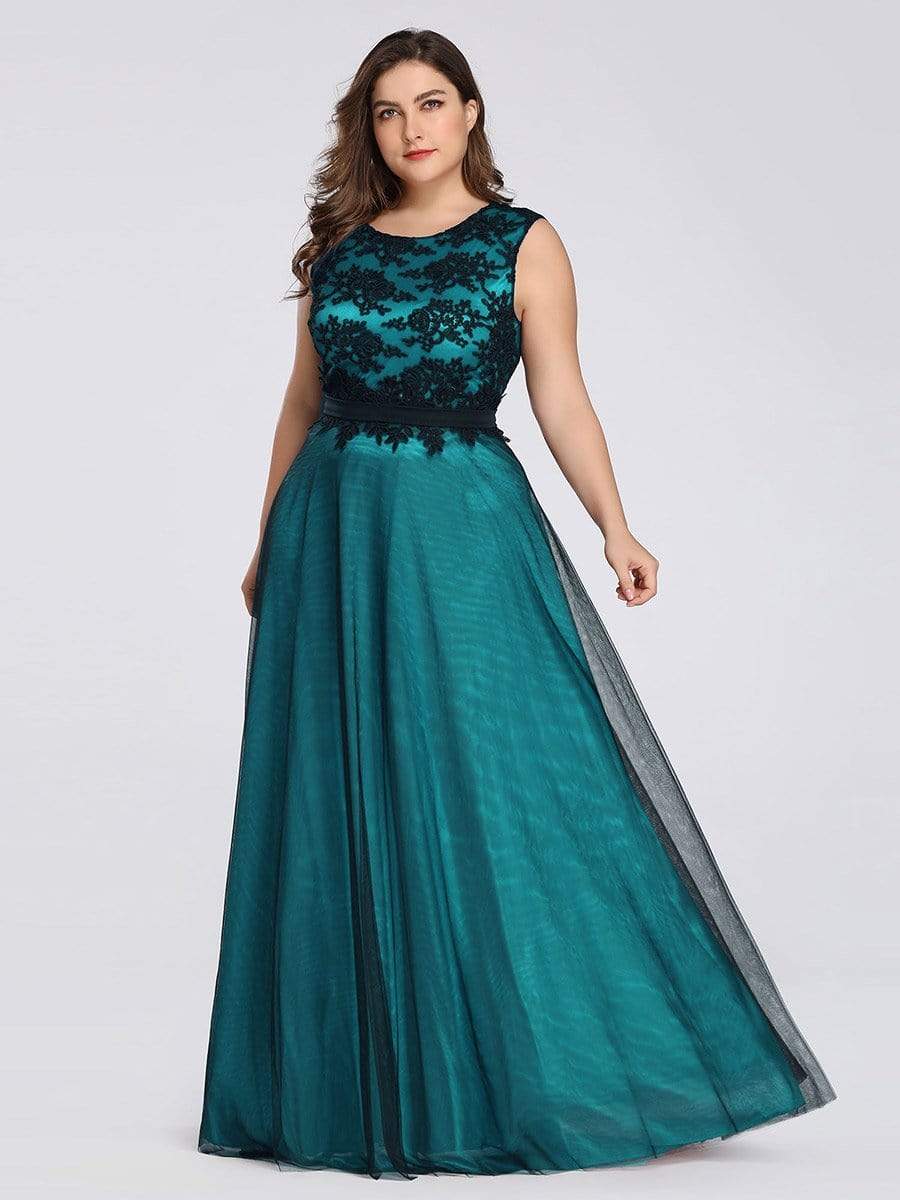 Color=Dark Green | Plus Size Sleeveless Evening Dress With Black Brocade-Dark Green 3 Color=Dark Green | Plus Size Sleeveless Evening Dress With Black Brocade-Dark Green 3