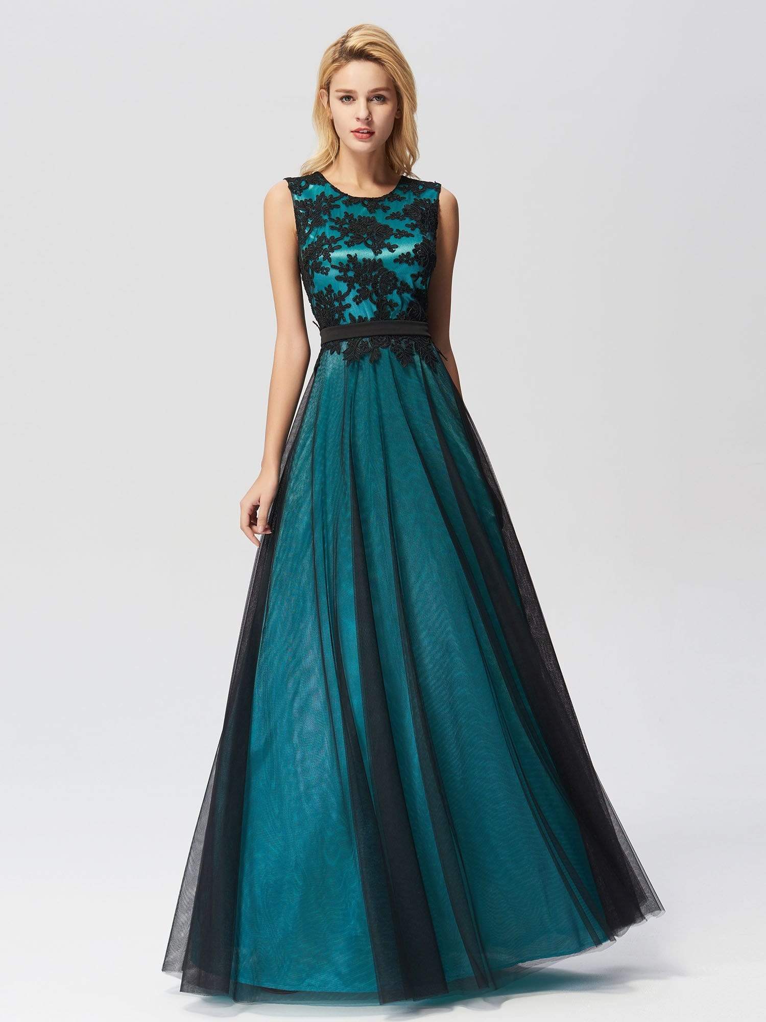 Color=Dark Green | Sleeveless Evening Dress With Black Brocade-Dark Green 1 Color=Dark Green | Sleeveless Evening Dress With Black Brocade-Dark Green 1