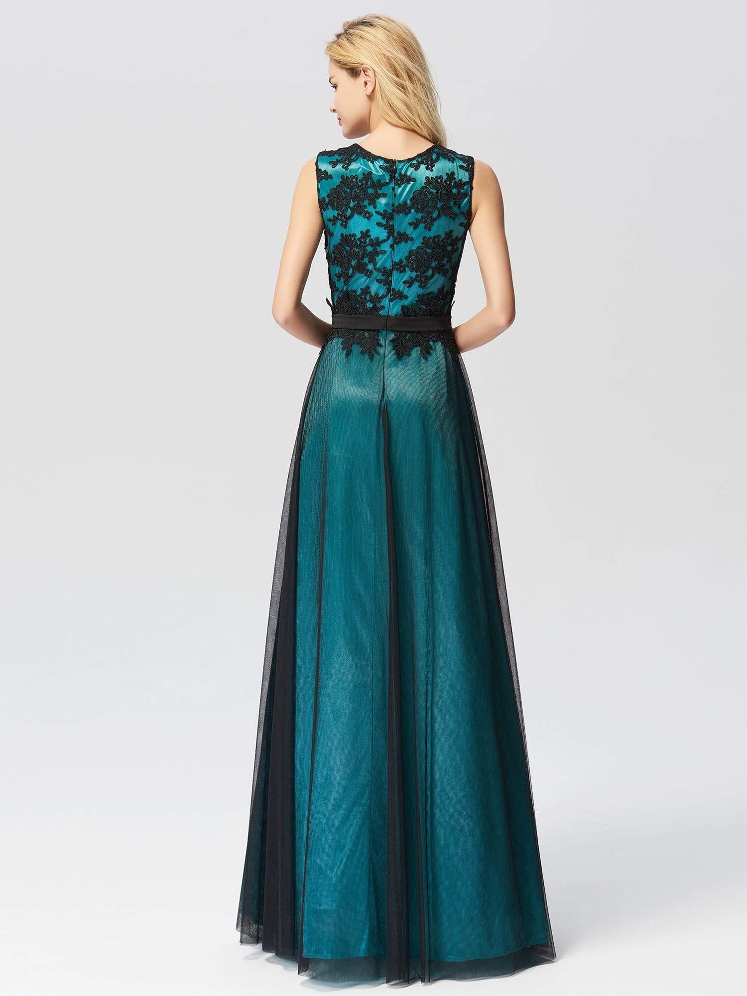 Color=Dark Green | Sleeveless Evening Dress With Black Brocade-Dark Green 2 Color=Dark Green | Sleeveless Evening Dress With Black Brocade-Dark Green 2