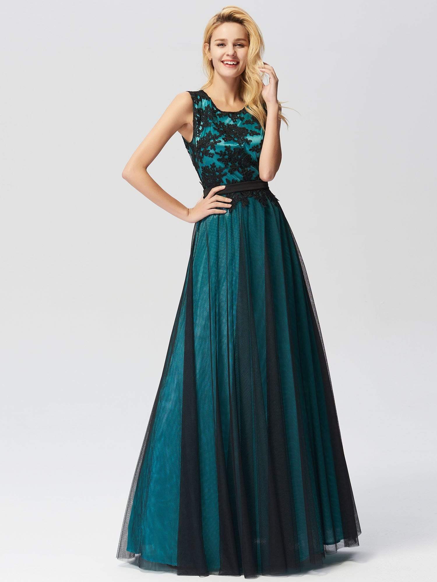 Color=Dark Green | Sleeveless Evening Dress With Black Brocade-Dark Green 3 Color=Dark Green | Sleeveless Evening Dress With Black Brocade-Dark Green 3