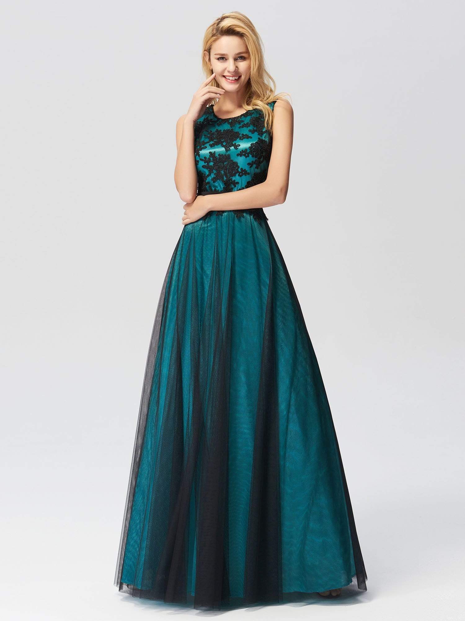 Color=Dark Green | Sleeveless Evening Dress With Black Brocade-Dark Green 4 Color=Dark Green | Sleeveless Evening Dress With Black Brocade-Dark Green 4