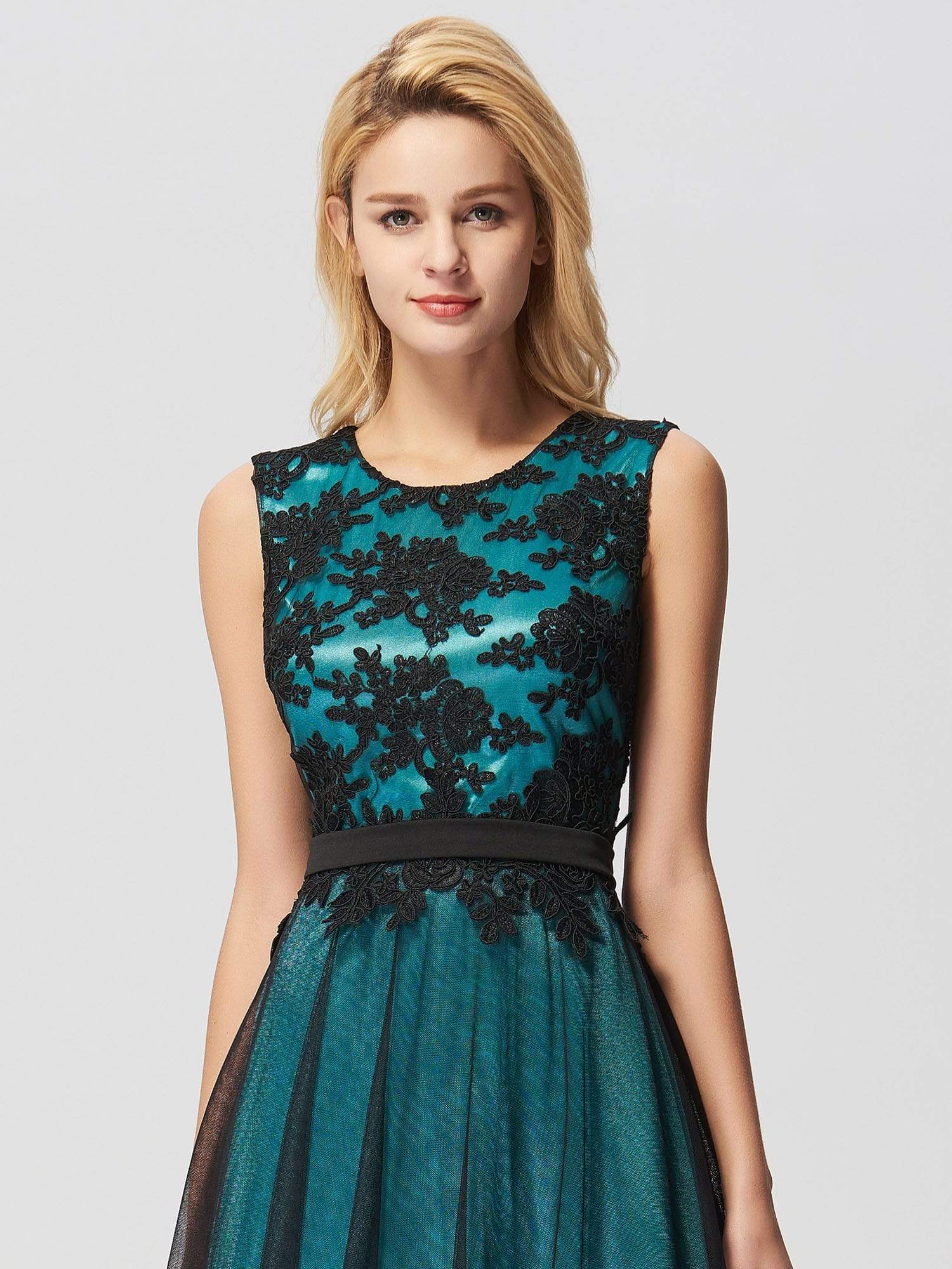 Color=Dark Green | Sleeveless Evening Dress With Black Brocade-Dark Green 5 Color=Dark Green | Sleeveless Evening Dress With Black Brocade-Dark Green 5