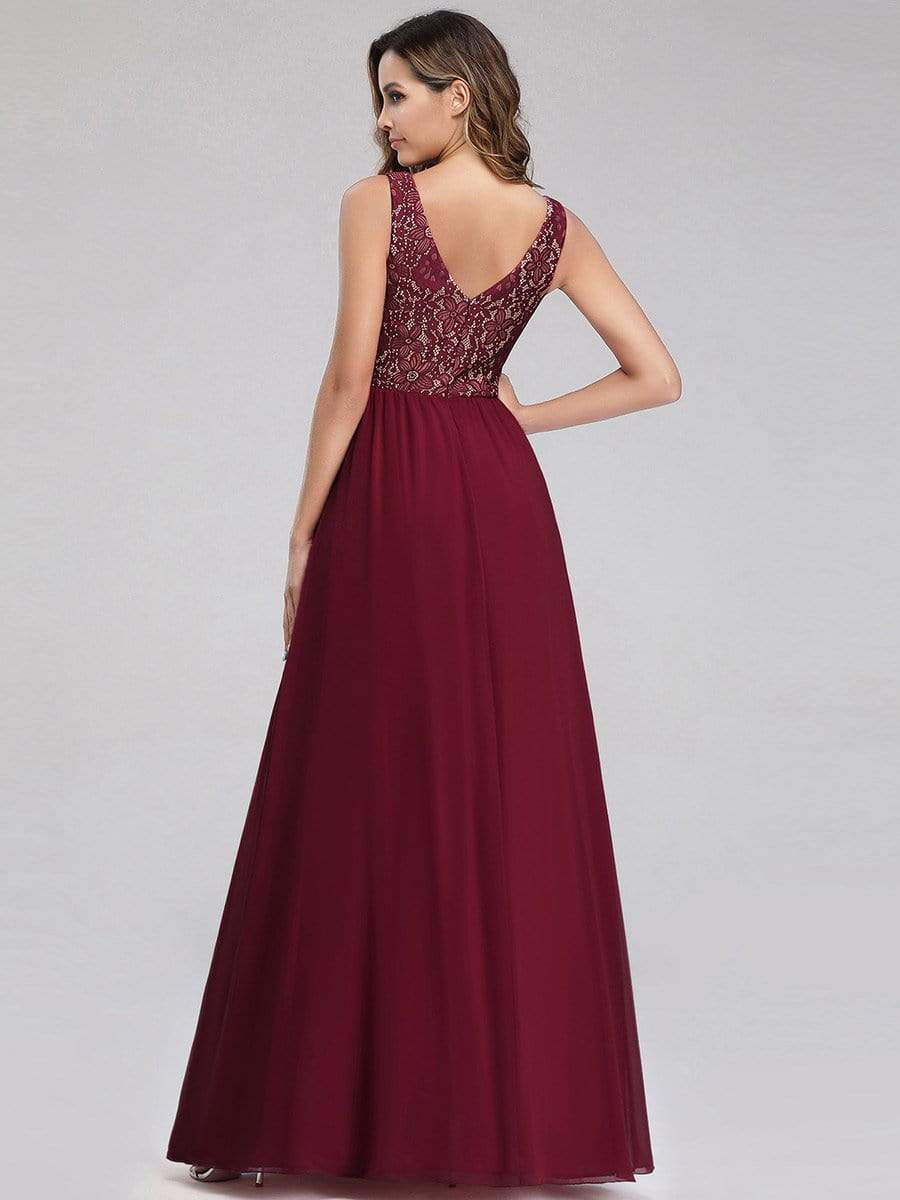 Color=Burgundy | Sleeveless V Neck Long Evening Dress With Lace Bodice-Burgundy 2 Color=Burgundy | Sleeveless V Neck Long Evening Dress With Lace Bodice-Burgundy 2