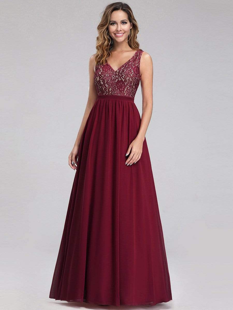 Color=Burgundy | Sleeveless V Neck Long Evening Dress With Lace Bodice-Burgundy 4 Color=Burgundy | Sleeveless V Neck Long Evening Dress With Lace Bodice-Burgundy 4