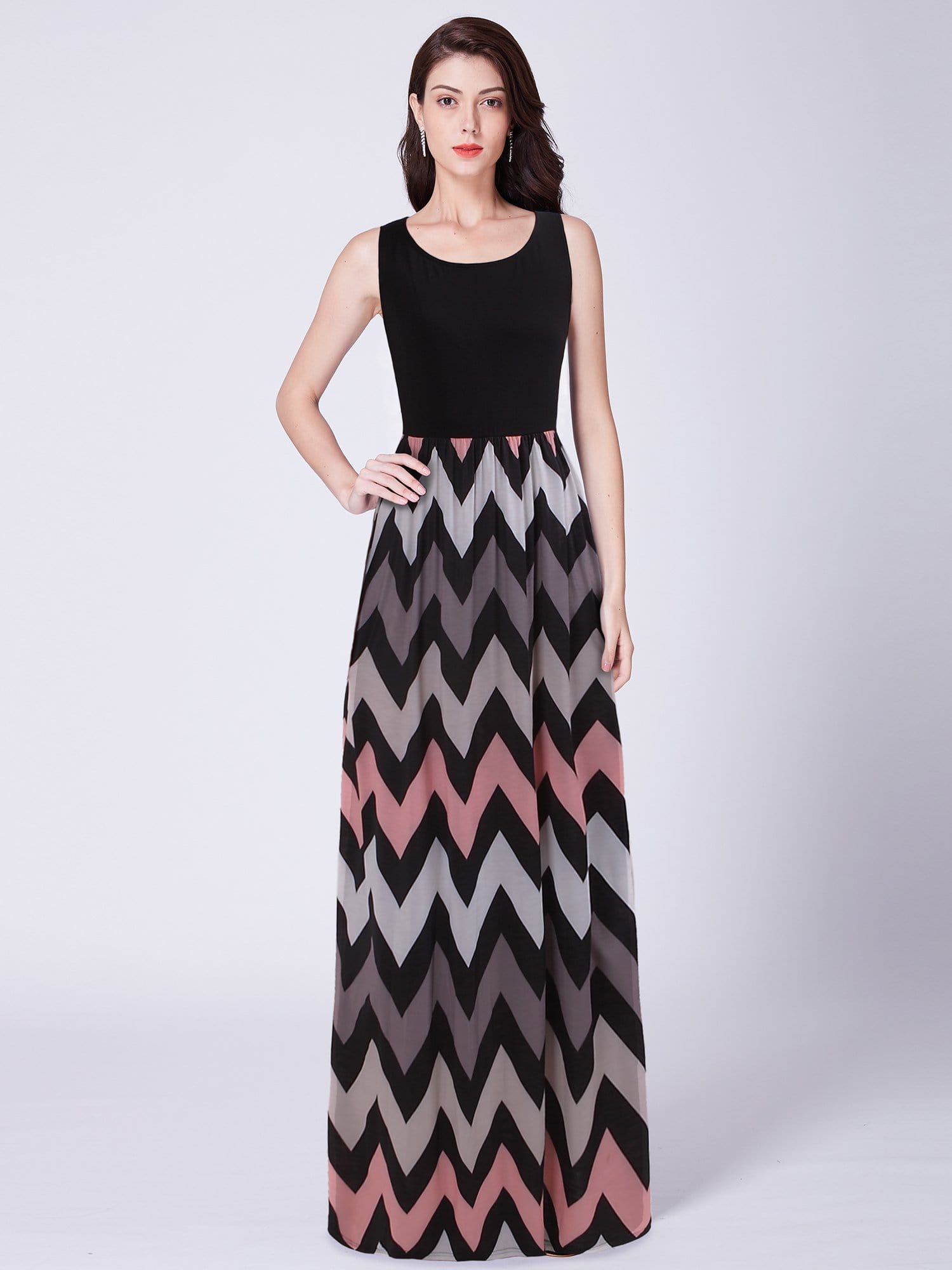 Color=Black | O-Neck Wave Striped Boho Maxi Dress-Black 1 Color=Black | O-Neck Wave Striped Boho Maxi Dress-Black 1