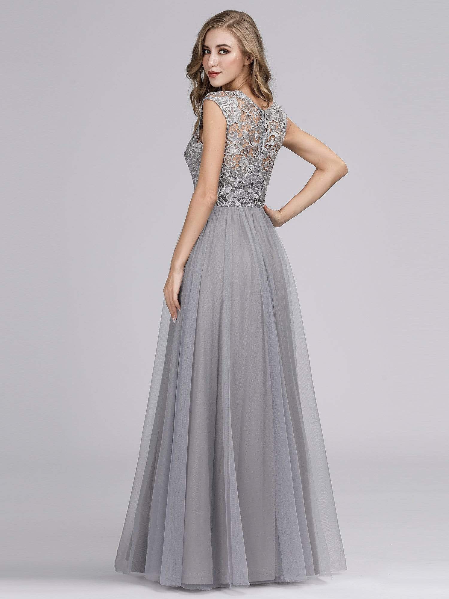 Color=Grey | Long Floor Length Lace O Neck Illusion Formal Dress Prom Dress-Grey 3 Color=Grey | Long Floor Length Lace O Neck Illusion Formal Dress Prom Dress-Grey 3