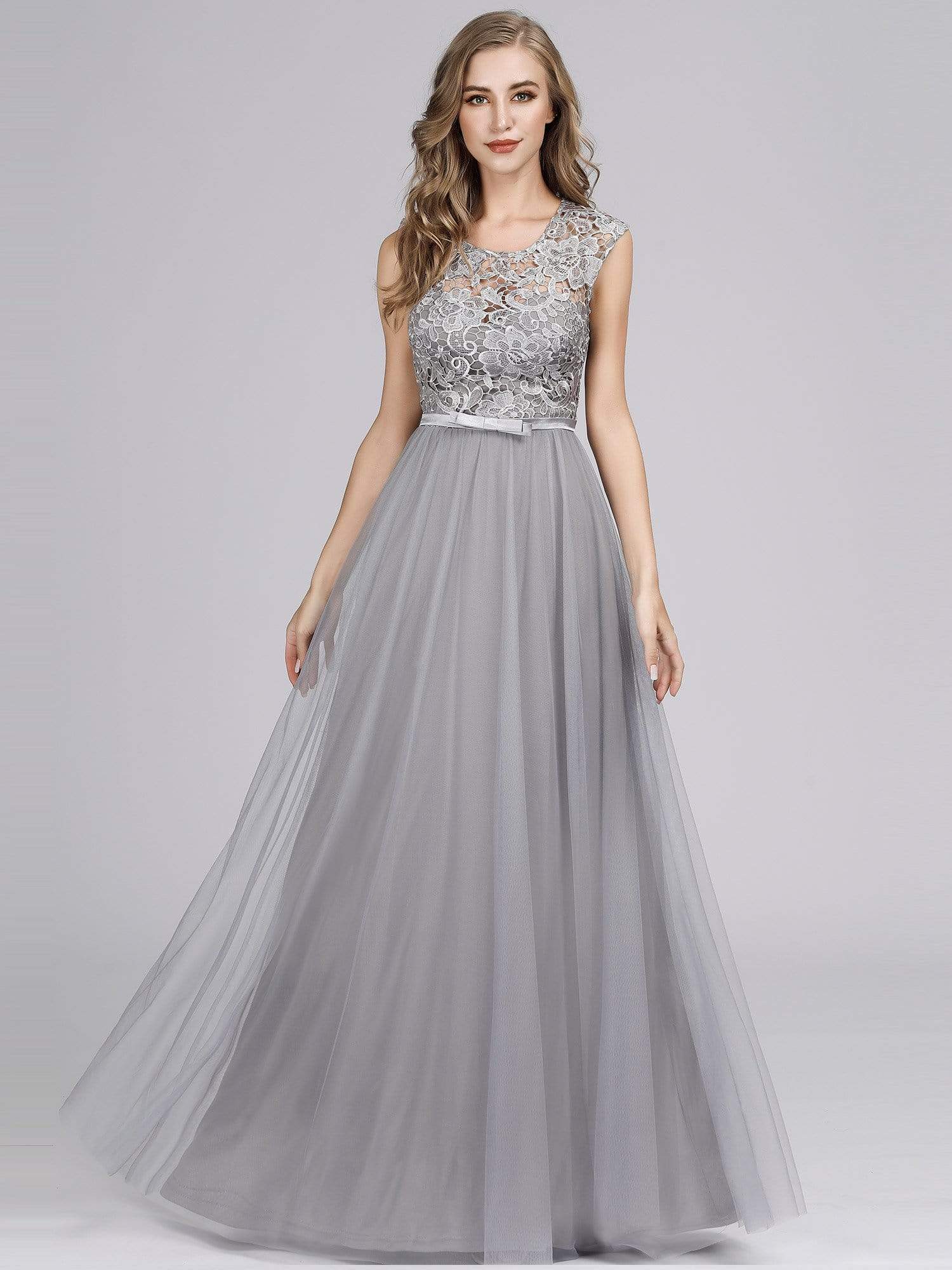 Color=Grey | Long Floor Length Lace O Neck Illusion Formal Dress Prom Dress-Grey 4 Color=Grey | Long Floor Length Lace O Neck Illusion Formal Dress Prom Dress-Grey 4