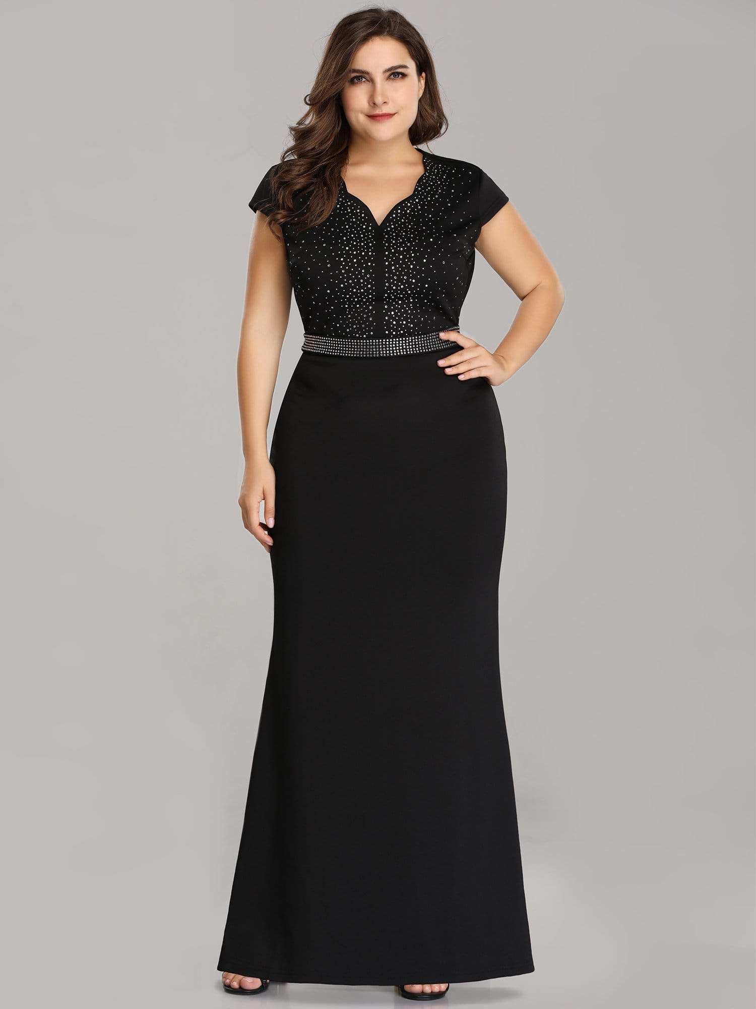 Color=Black | Plus Size Cap Sleeve Beaded Long Black Evening Dress-Black 1 Color=Black | Plus Size Cap Sleeve Beaded Long Black Evening Dress-Black 1
