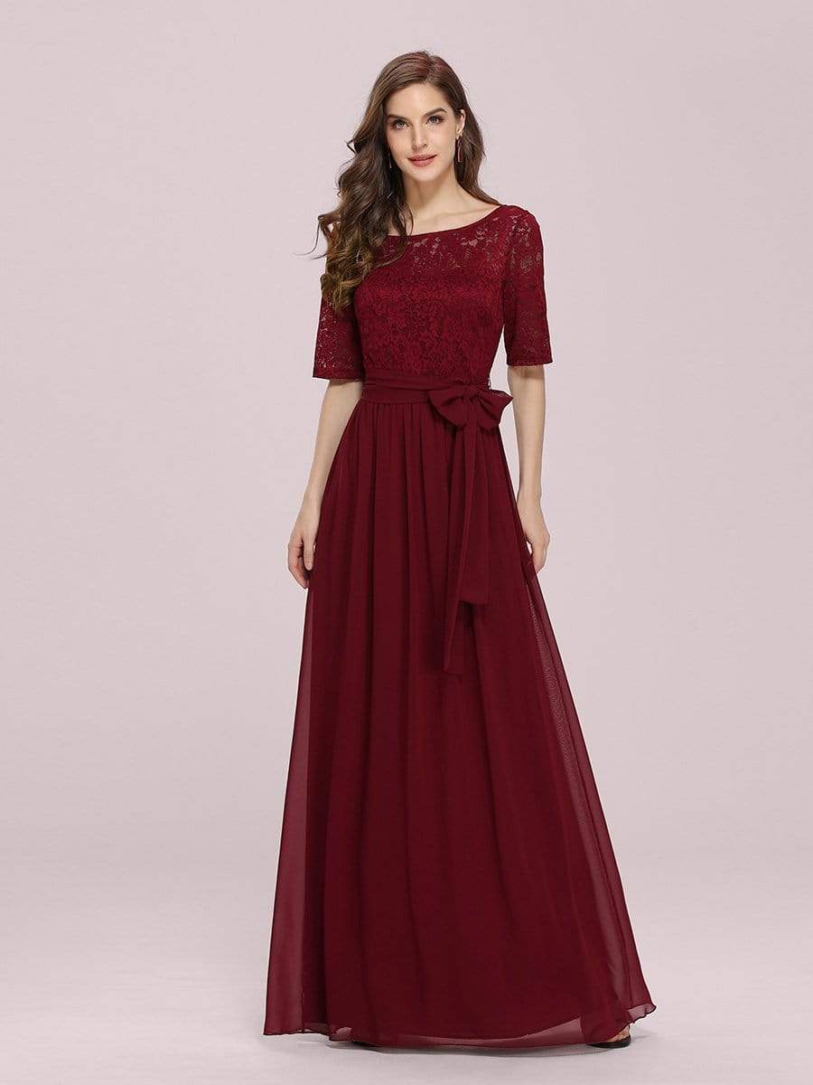 Elegant Short Sleeves Lace Bodice Maxi Evenig Dress