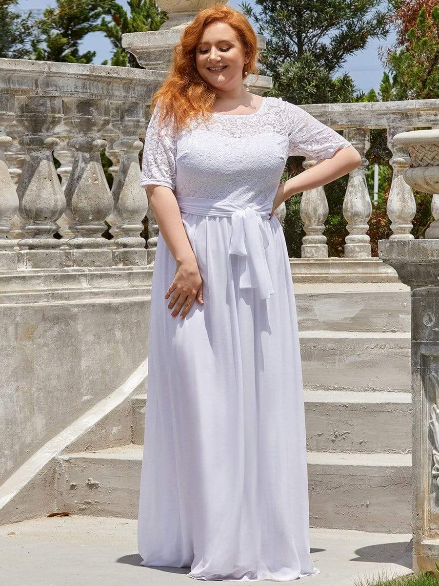 COLOR=White | Plus Size Long Sleeve Floor Length Evening Dress-White 1 COLOR=White | Plus Size Long Sleeve Floor Length Evening Dress-White 1