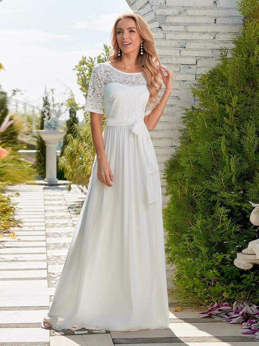 Color=White | Simple Half Sleeves Chiffon Wedding Dress With Belt-White 4 Color=White | Simple Half Sleeves Chiffon Wedding Dress With Belt-White 4