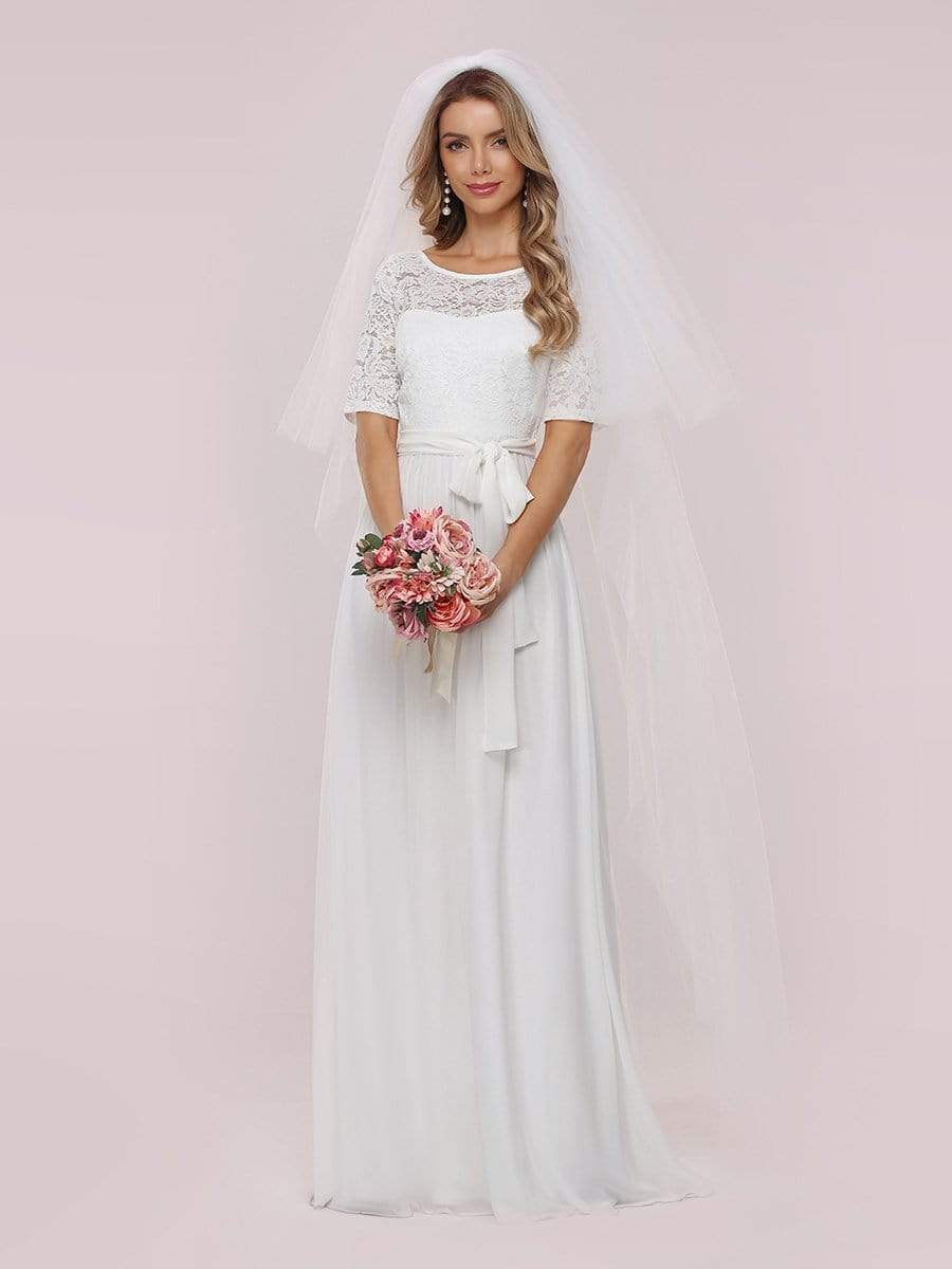 Color=White | Simple Half Sleeves Chiffon Wedding Dress With Belt-White 5 Color=White | Simple Half Sleeves Chiffon Wedding Dress With Belt-White 5