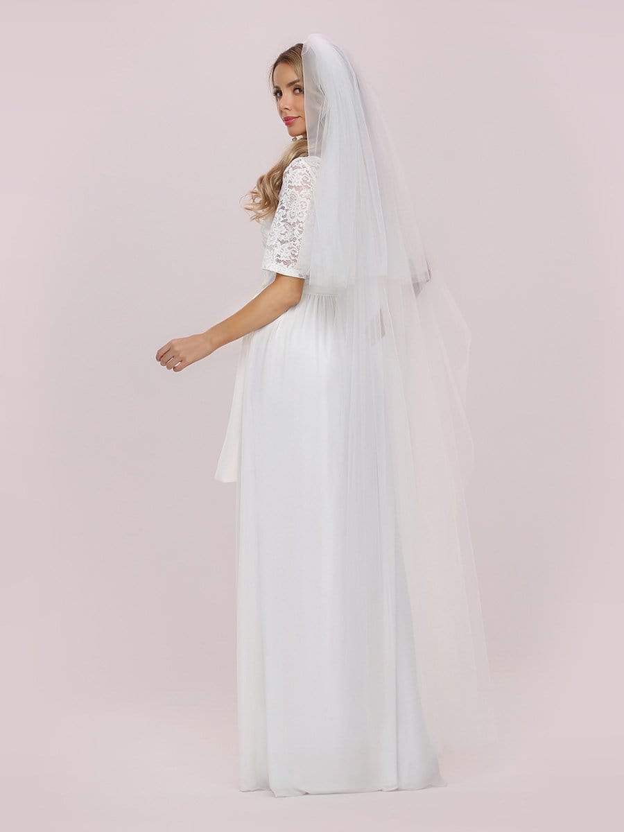 Color=White | Simple Half Sleeves Chiffon Wedding Dress With Belt-White 6 Color=White | Simple Half Sleeves Chiffon Wedding Dress With Belt-White 6
