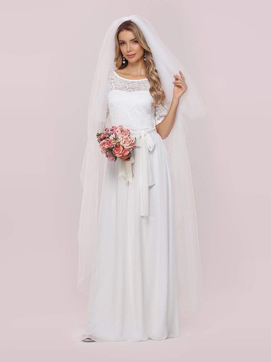 Color=White | Simple Half Sleeves Chiffon Wedding Dress With Belt-White 7 Color=White | Simple Half Sleeves Chiffon Wedding Dress With Belt-White 7