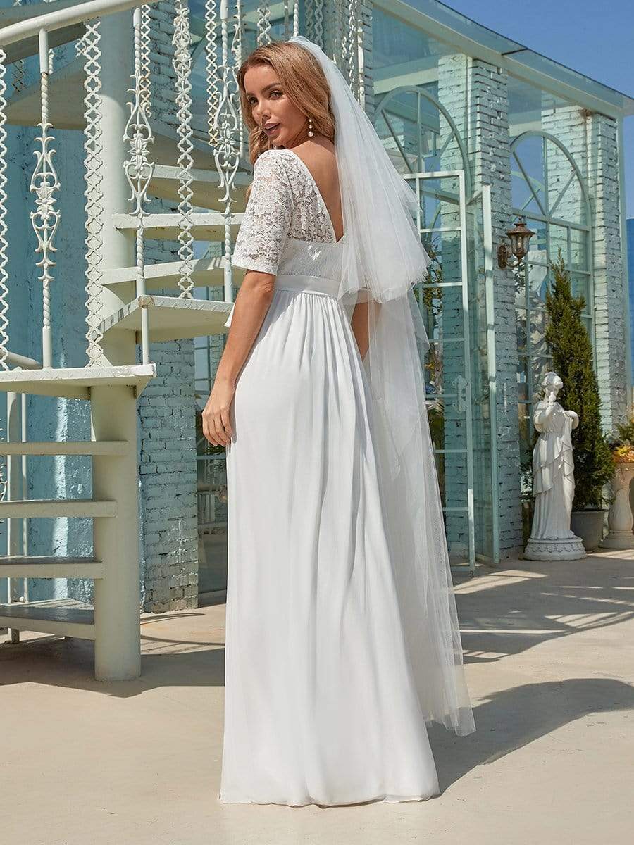 Color=White | Simple Half Sleeves Chiffon Wedding Dress With Belt-White 2 Color=White | Simple Half Sleeves Chiffon Wedding Dress With Belt-White 2