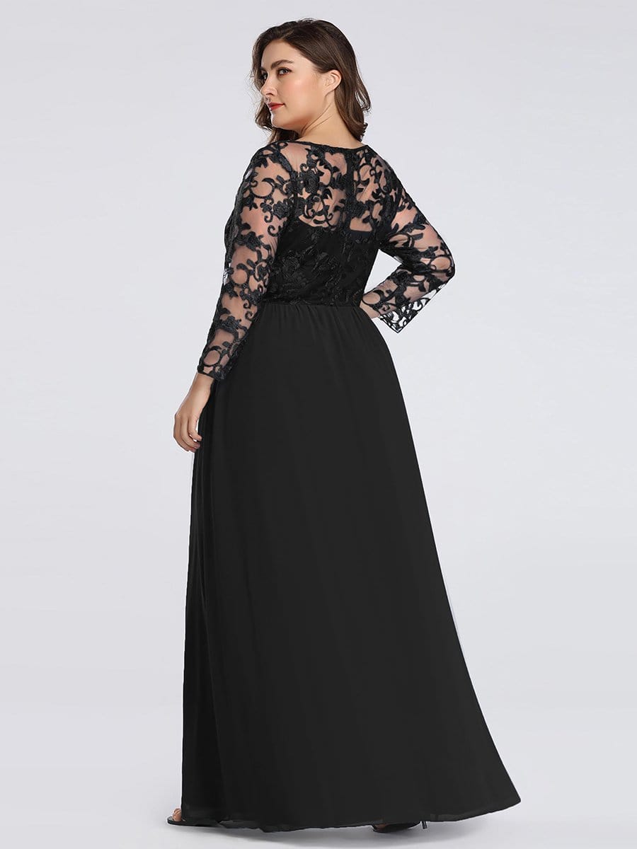COLOR=Black | Plus Size Floor Length Evening Dress With Sheer Lace Bodice-Black 2 COLOR=Black | Plus Size Floor Length Evening Dress With Sheer Lace Bodice-Black 2