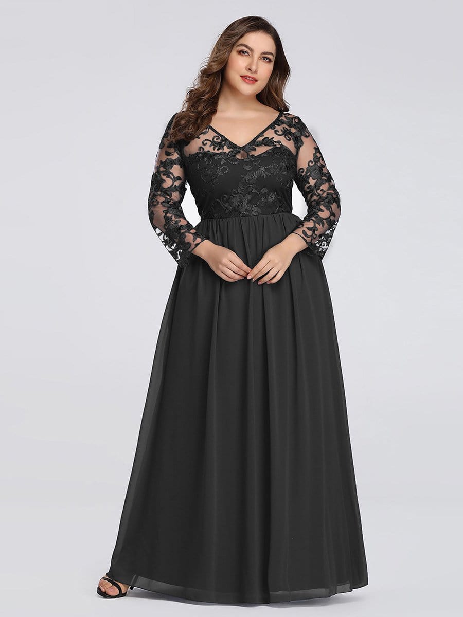 COLOR=Black | Plus Size Floor Length Evening Dress With Sheer Lace Bodice-Black 4 COLOR=Black | Plus Size Floor Length Evening Dress With Sheer Lace Bodice-Black 4