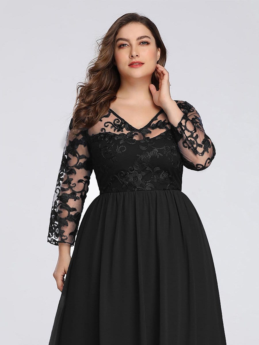 COLOR=Black | Plus Size Floor Length Evening Dress With Sheer Lace Bodice-Black 5 COLOR=Black | Plus Size Floor Length Evening Dress With Sheer Lace Bodice-Black 5