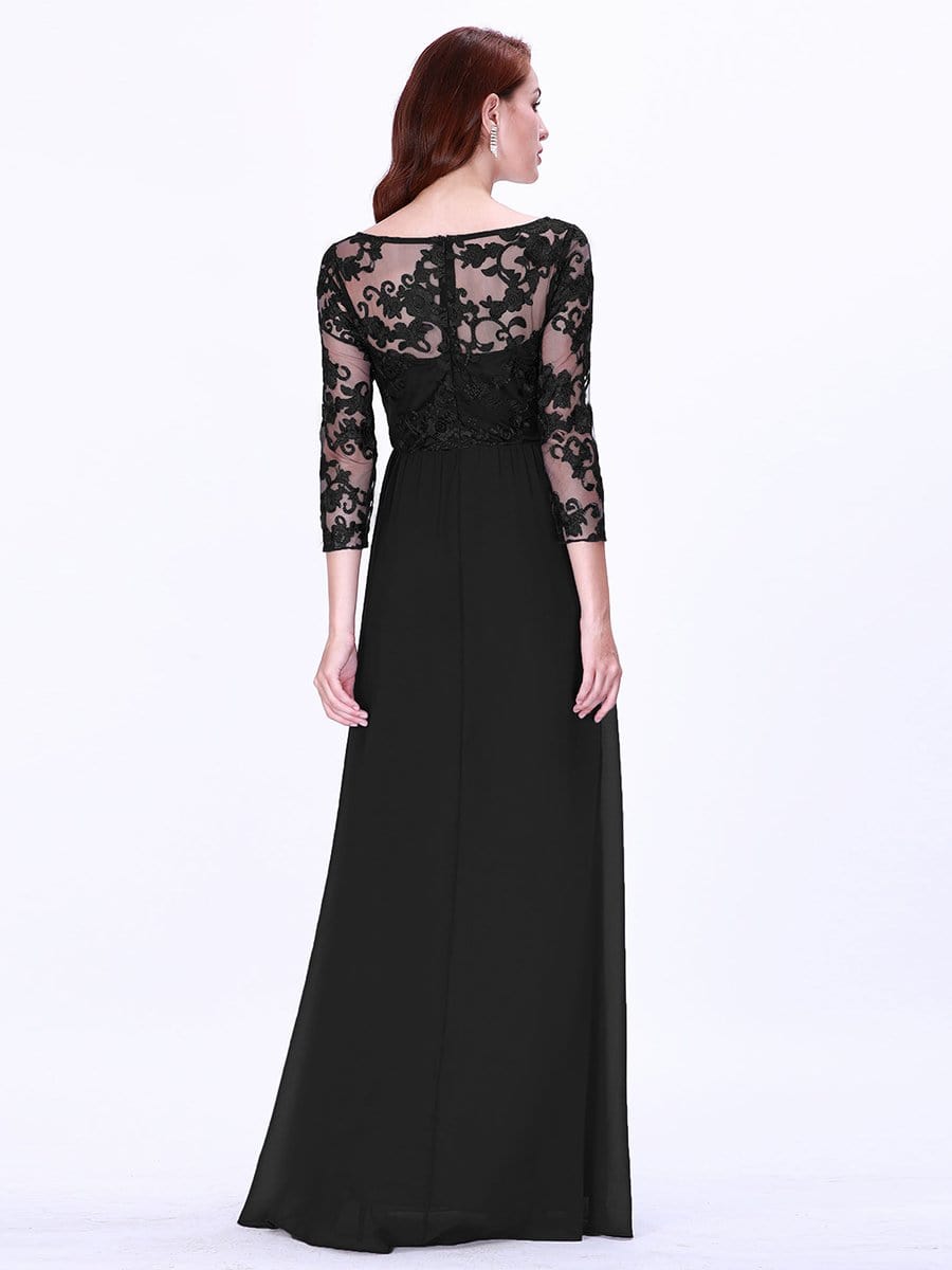 COLOR=Black | Floor Length Evening Dress With Sheer Lace Bodice-Black 2 COLOR=Black | Floor Length Evening Dress With Sheer Lace Bodice-Black 2