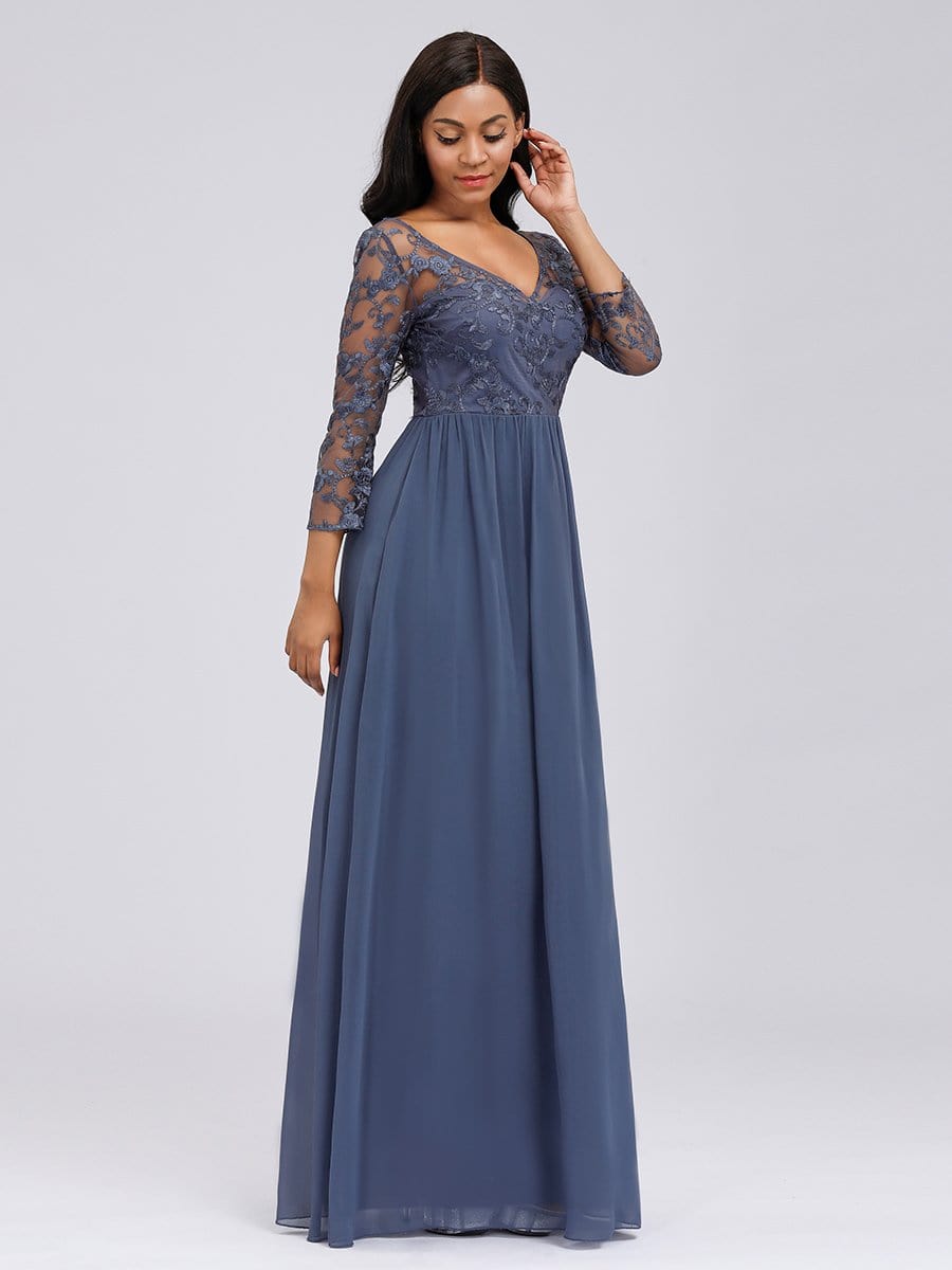 COLOR=Dusty Navy | Floor Length Evening Dress With Sheer Lace Bodice-Dusty Navy 18 COLOR=Dusty Navy | Floor Length Evening Dress With Sheer Lace Bodice-Dusty Navy 18