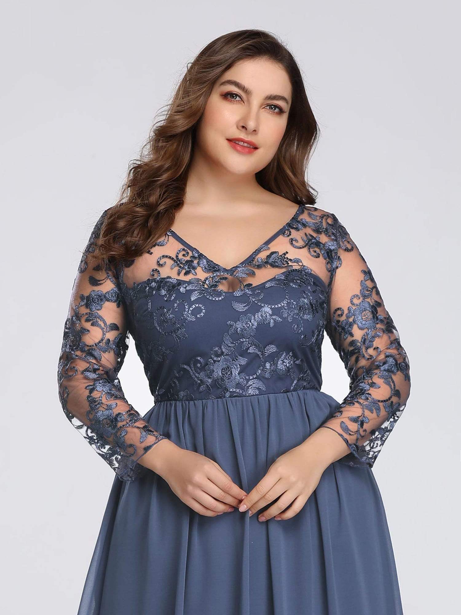 Color=Dusty Navy | Plus Size Floor Length Evening Dress With Sheer Lace Bodice-Dusty Navy 5 Color=Dusty Navy | Plus Size Floor Length Evening Dress With Sheer Lace Bodice-Dusty Navy 5