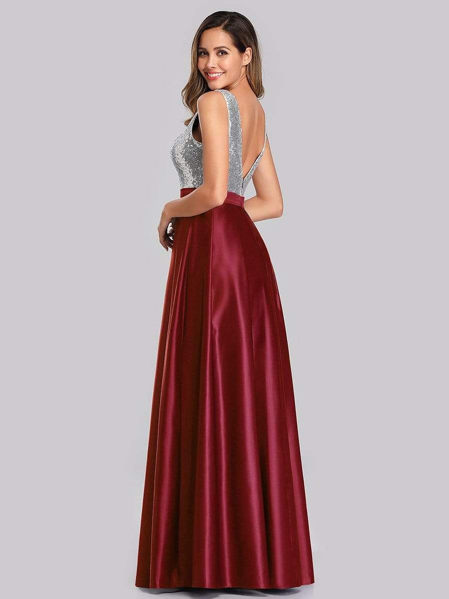 Color=Burgundy | Floor Length Sequin And Satin Prom Dress-Burgundy 2 Color=Burgundy | Floor Length Sequin And Satin Prom Dress-Burgundy 2