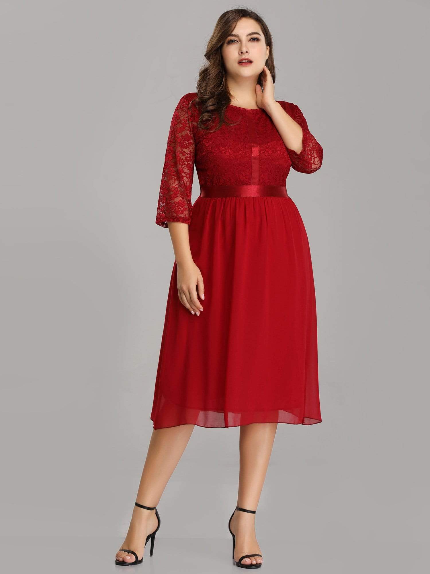 Color=Burgundy | Knee Length 3/4 Sleeve Lace & Chiffon Party Dress-Burgundy 5 Color=Burgundy | Knee Length 3/4 Sleeve Lace & Chiffon Party Dress-Burgundy 5