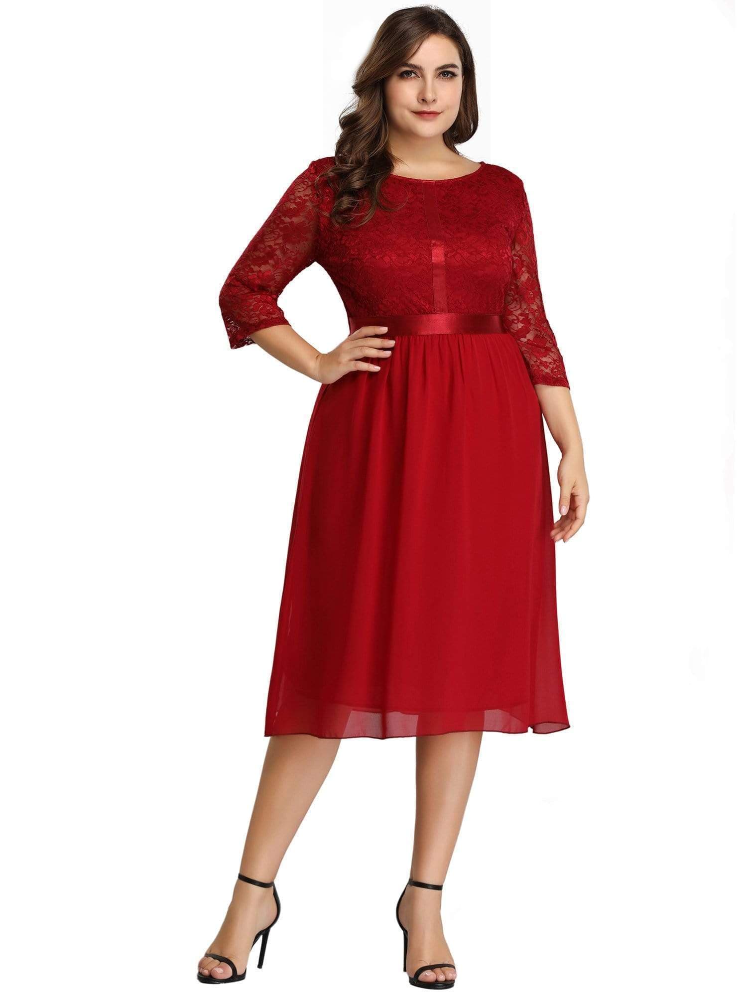 Color=Burgundy | Knee Length 3/4 Sleeve Lace & Chiffon Party Dress-Burgundy 7 Color=Burgundy | Knee Length 3/4 Sleeve Lace & Chiffon Party Dress-Burgundy 7
