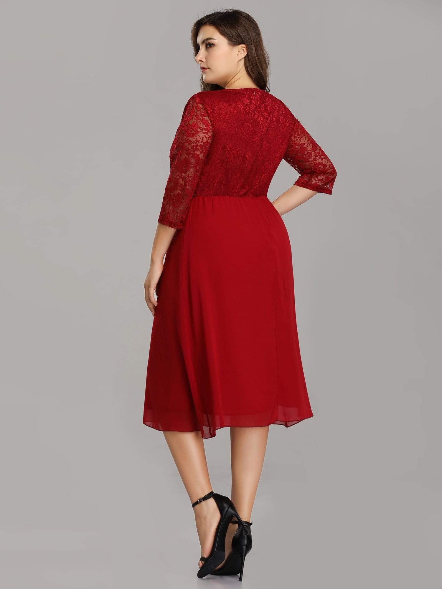 Color=Burgundy | Knee Length 3/4 Sleeve Lace & Chiffon Party Dress-Burgundy 8 Color=Burgundy | Knee Length 3/4 Sleeve Lace & Chiffon Party Dress-Burgundy 8