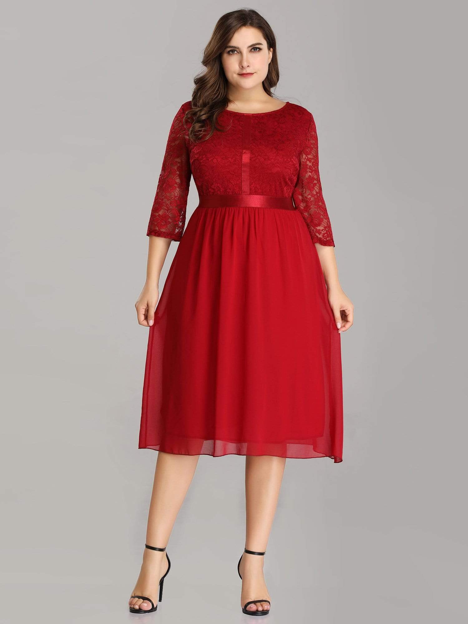 Color=Burgundy | Knee Length 3/4 Sleeve Lace & Chiffon Party Dress-Burgundy 9 Color=Burgundy | Knee Length 3/4 Sleeve Lace & Chiffon Party Dress-Burgundy 9