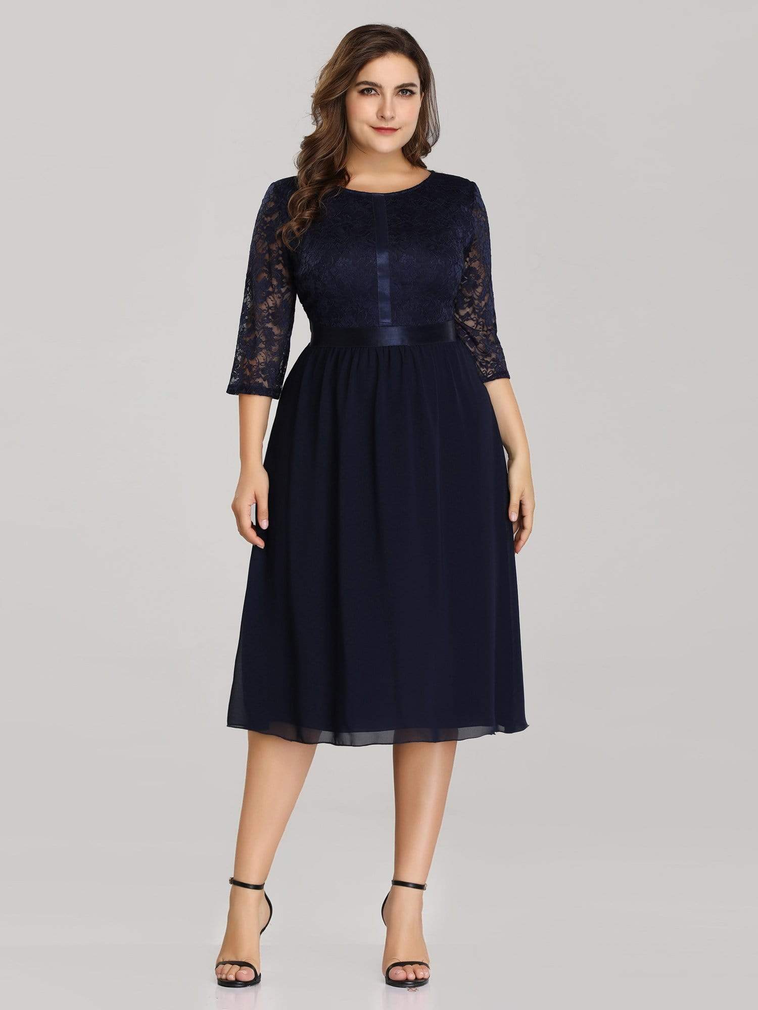 Color=Navy Blue | Knee Length 3/4 Sleeve Lace & Chiffon Party Dress-Navy Blue 7 Color=Navy Blue | Knee Length 3/4 Sleeve Lace & Chiffon Party Dress-Navy Blue 7