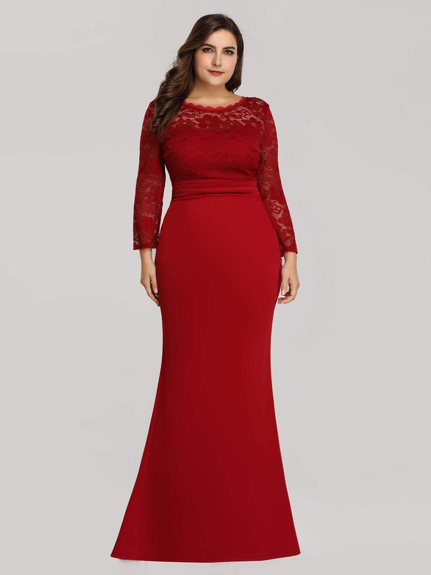 Color=Burgundy | Elegant Mermaid Illusion Neck Long Sleeve Lace Evening Dress-Burgundy 1 Color=Burgundy | Elegant Mermaid Illusion Neck Long Sleeve Lace Evening Dress-Burgundy 1