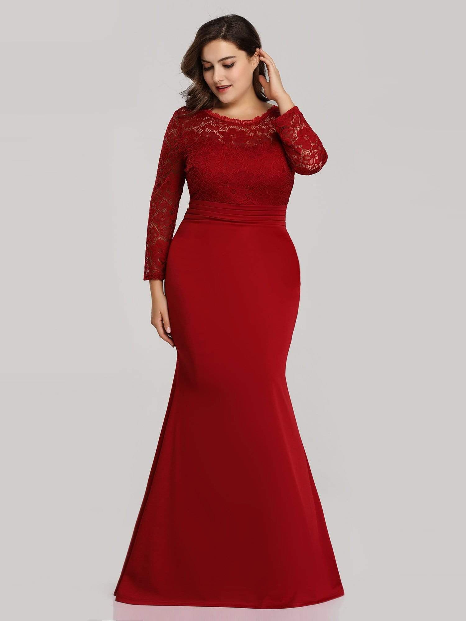 Color=Burgundy | Elegant Mermaid Illusion Neck Long Sleeve Lace Evening Dress-Burgundy 3 Color=Burgundy | Elegant Mermaid Illusion Neck Long Sleeve Lace Evening Dress-Burgundy 3